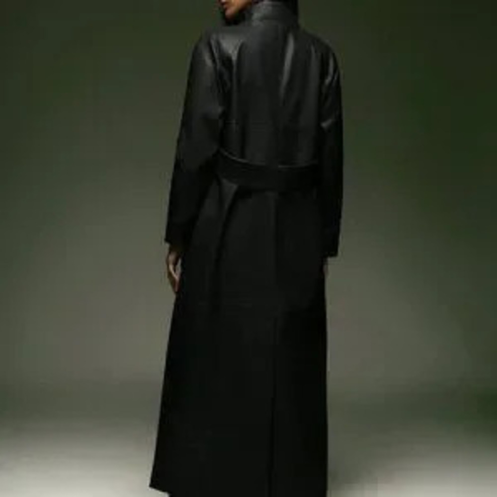 Black Casual Women High Neck Faux Leather Trench Coat
